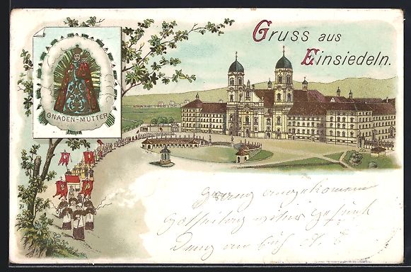 Cartoline postali: Litho Einsiedeln, Kloster mit Prozession – Usato da Berlin venduto da bartko-reher