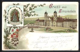Litho Einsiedeln, Kloster mit Prozession