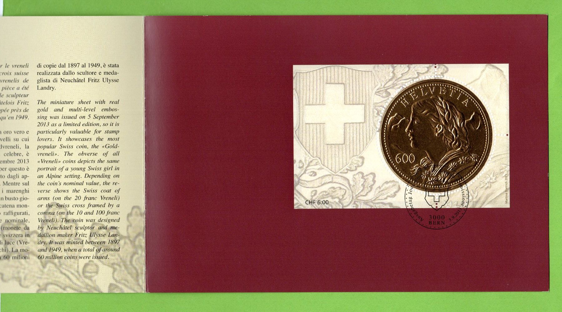 Tutti i francobolli: 2013 Goldvreneli Geschenkfolder Marke 6.-- 1. Tag – Usato da Stein am Rhein venduto da Huehnerhund 2