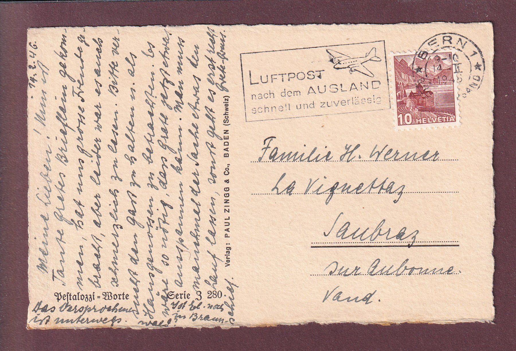 Cartoline postali: Zitat von PESTALOZZI - 1946 – Usato da Pully venduto da nicecards 1