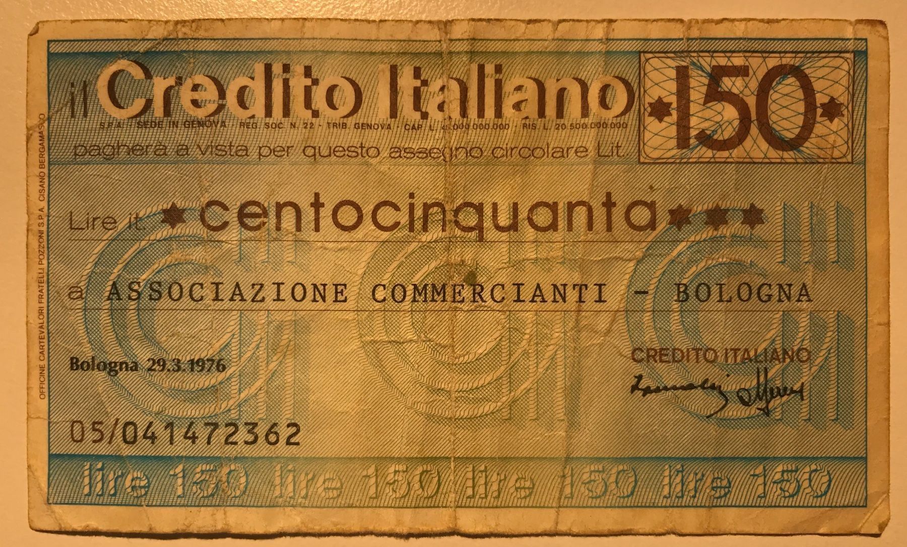 Banconote: Italien 150 Lire Scheck 1976 – Usato da Algetshausen venduto da Carrhard