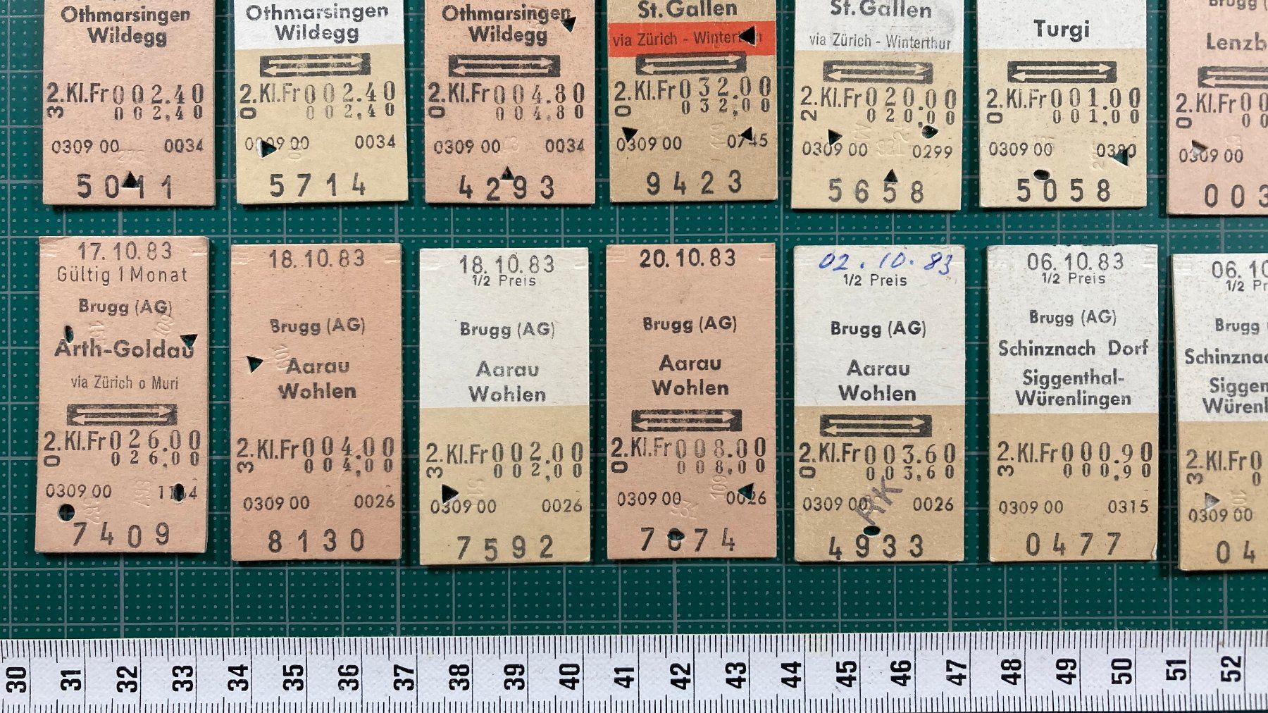 Biglietti: Ab Brugg, 32 Edmondsonsche Bahn Billette, SBB, 1983 – Usato da Lenzburg venduto da fh1 4
