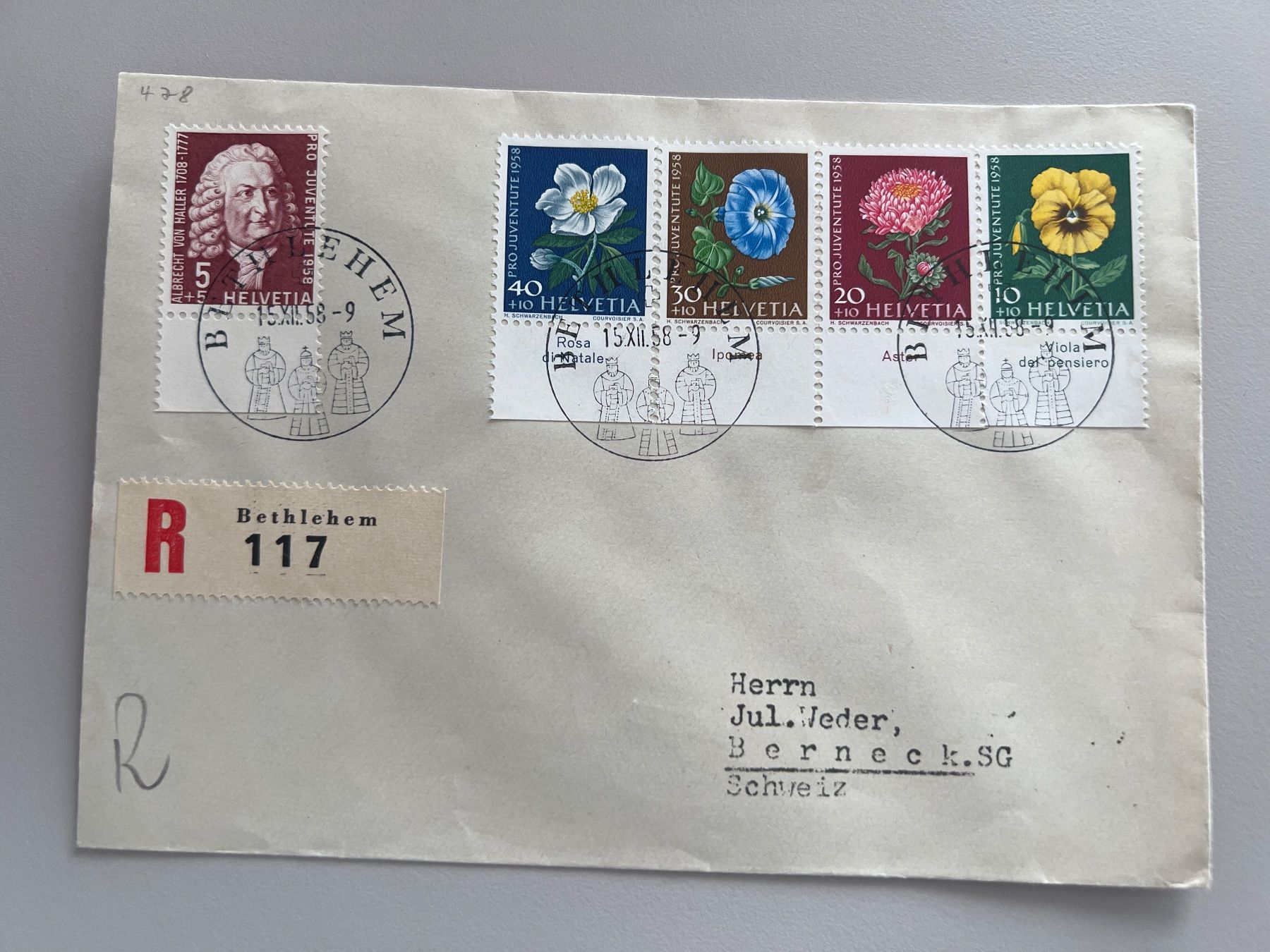 Tutti i francobolli: Pro Juventute 1958 4 Briefe mit allen Tabs – Usato da Buchrain venduto da wmm 1