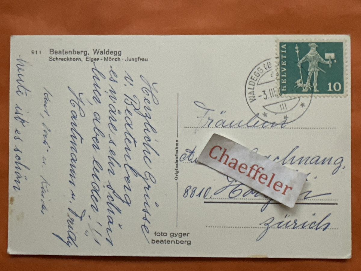 Ansichtskarten: 1965 911 Battenberg, Waldegg. Schreckhorn, Eiger, Mönch, Ju – Gebraucht aus Zürich von Chaeffeler 1