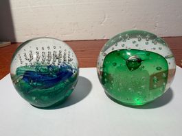 Glass Paperweights with Bubbles and Blue Swirls 2 pcs