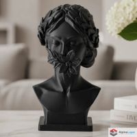 Black Flower Bust Sculpture - Floral Woman Statue - 3D Print
