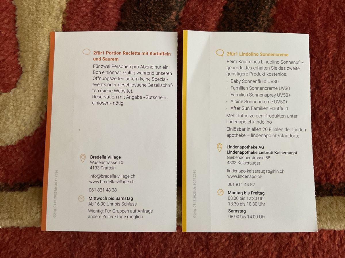 Buoni: 8 bons de réductions à Pratteln, Basel et Binningen – Nuovo (secondo la descrizione) da Düdingen venduto da Yellow 6