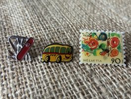 Pin Set -  Postauto, Tinguely Briefmarke, Taschenmesser