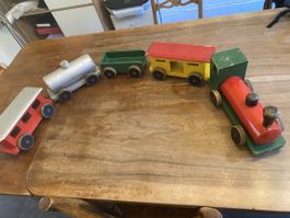 Vintage antik Holzspiel Zug mit Waggons