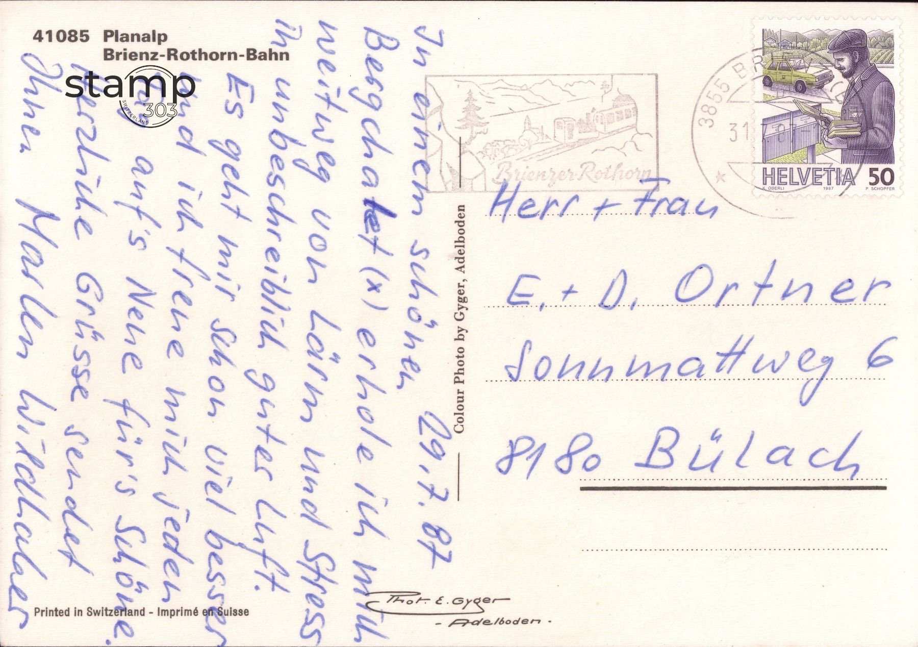 Ansichtskarten: 1987 AK Planalp - Brienz-Rothorn-Bahn – Gebraucht aus Eggersriet von stamp303 1
