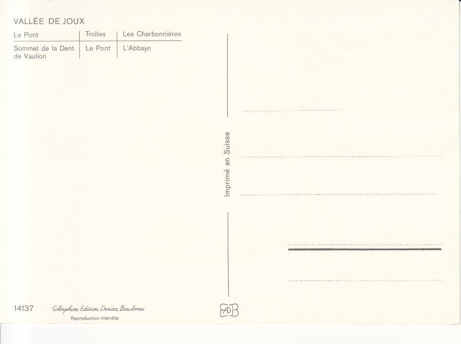 Cartoline postali: Valle de Joux ca. 1970 – Usato da Bürglen TG venduto da StampGraf 1