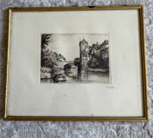 Radierung Stadtansicht mit Brücke und Fluss, gerahmt