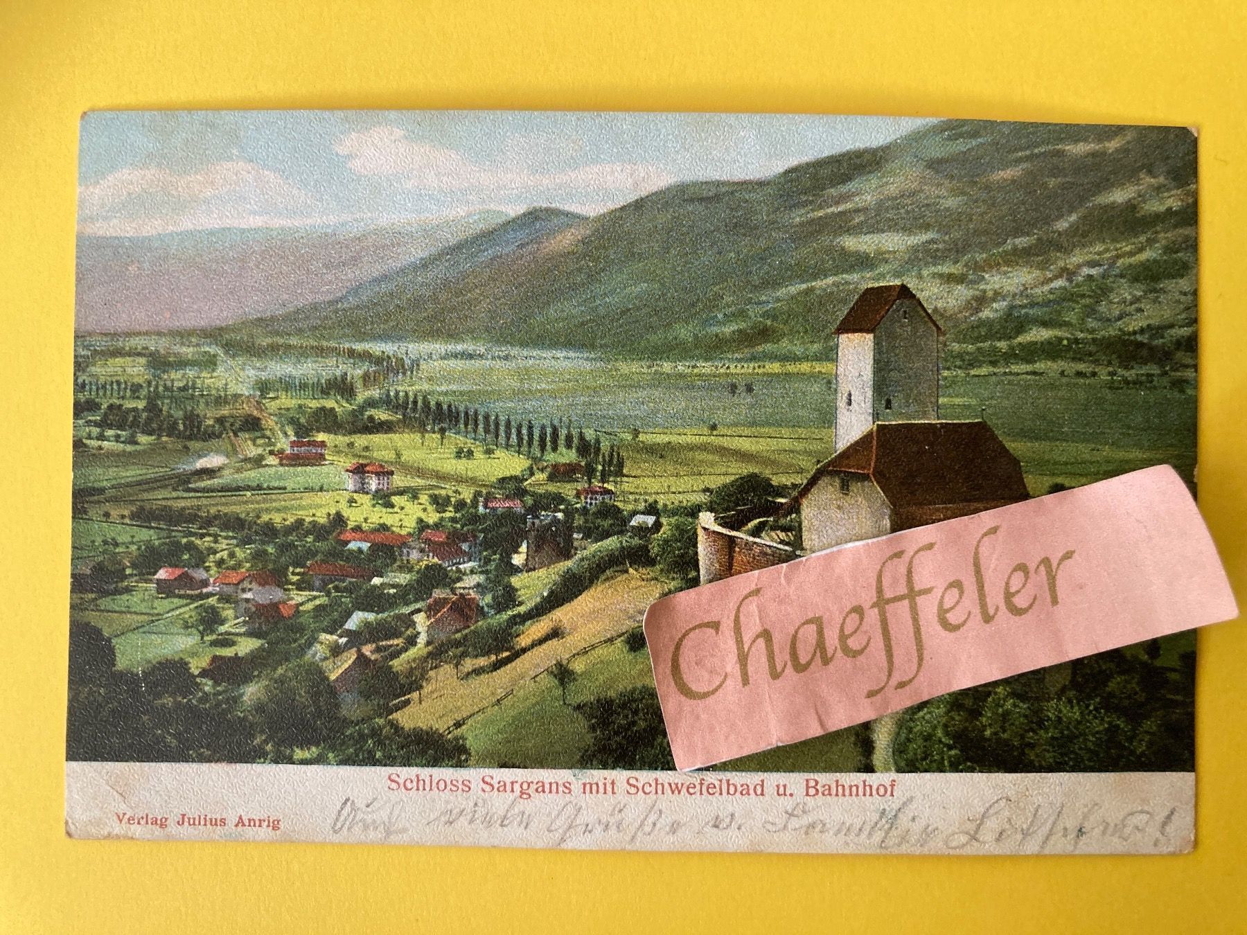 Cartoline postali: 1908 Schloss Sargans mit Schwefelbad und Bahnhof – Usato da Zürich venduto da Chaeffeler