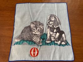 Taschentuch Hund Kätzchen Motiv blaugrau Rand blau 27x27cm