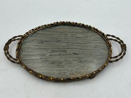 Antikes ovales Serviertablett Glas Messing Jugendstil Vintag