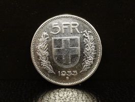 5 Franken Silber 1933 Fünfliber Münze