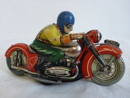 antikes Motorrad aus Blech von Schuco Modell Motodrill Clown