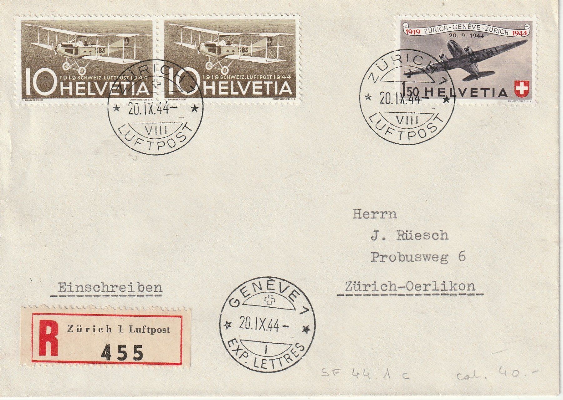 Alle Briefmarken: SF 44.1c, ZURICH - GENÈVE, Fr 40.-- – Gebraucht aus Bure von Tarif