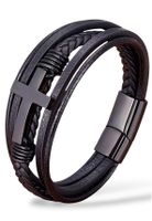 ARMBAND HERREN LEDER EDELSTAHL KREUZ MAGNETVERSCHLUSS BLACK