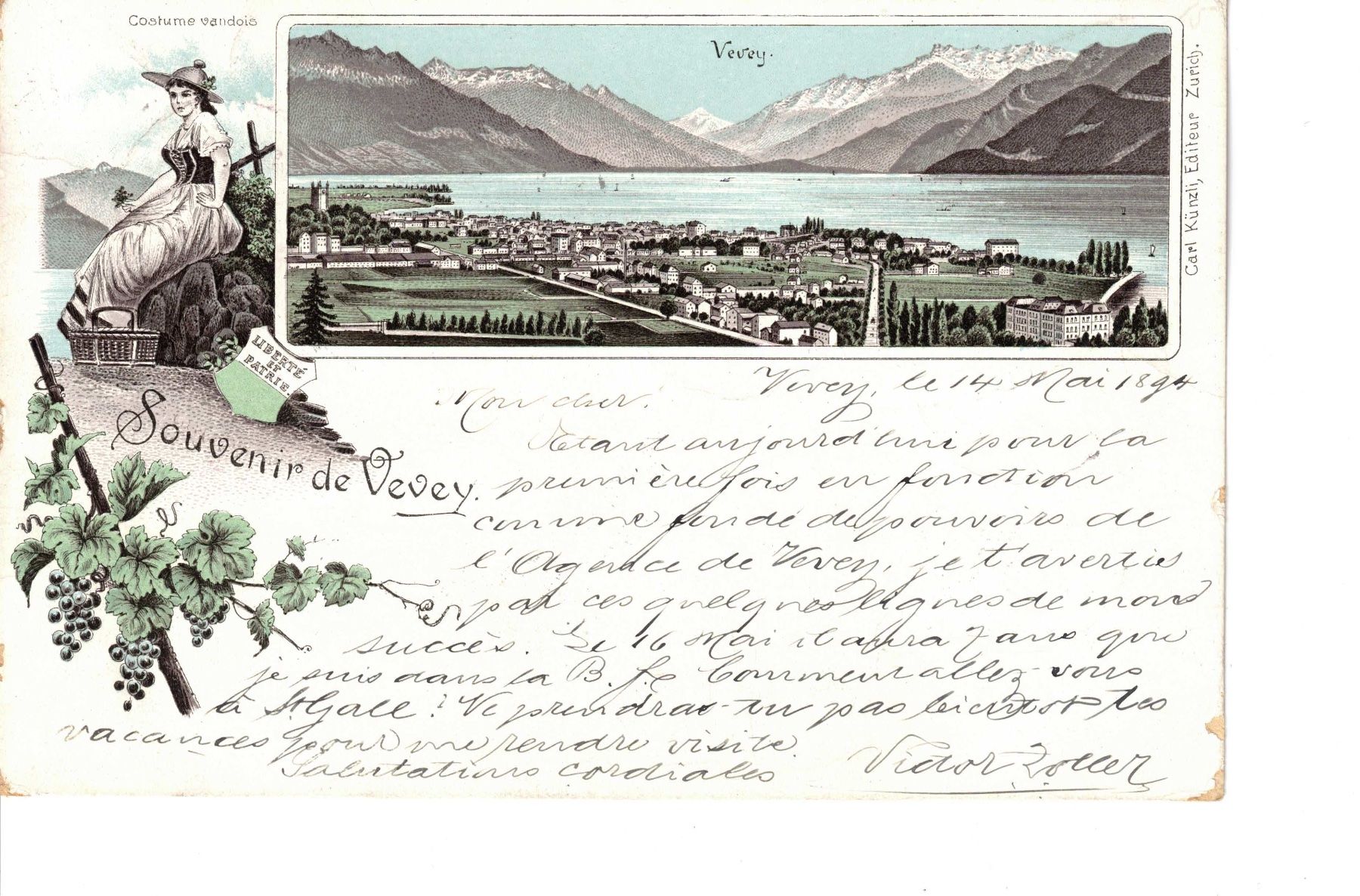 Cartoline postali: AK Litho von Vevey 1894 – Usato da Bottmingen venduto da Golferin