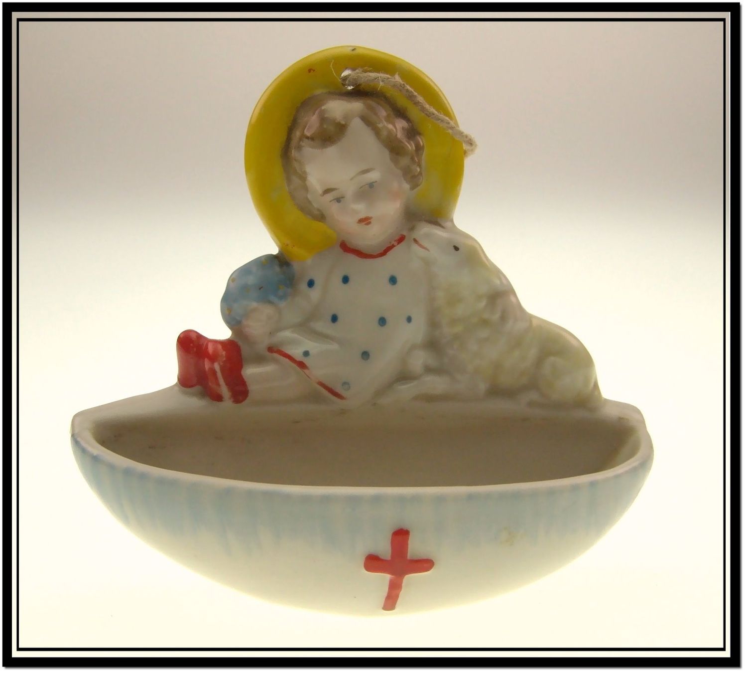 Statuette: Weihwasserbehälter um 1900 Mädchen mit Lamm / Germany – Nuovo e nell'imballaggio originale da Langenthal venduto da Sherkaan