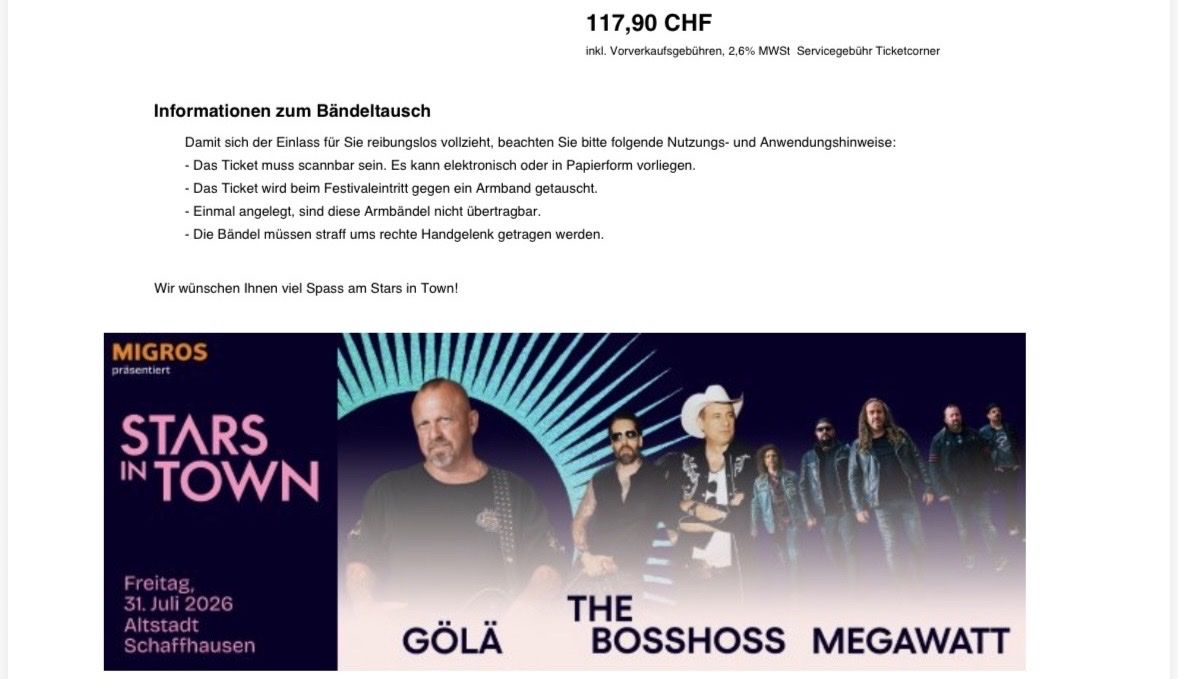 Biglietti: Stars in Town 31.7. ein Ticket – Nuovo e nell'imballaggio originale da St. Gallen venduto da rattecarrie