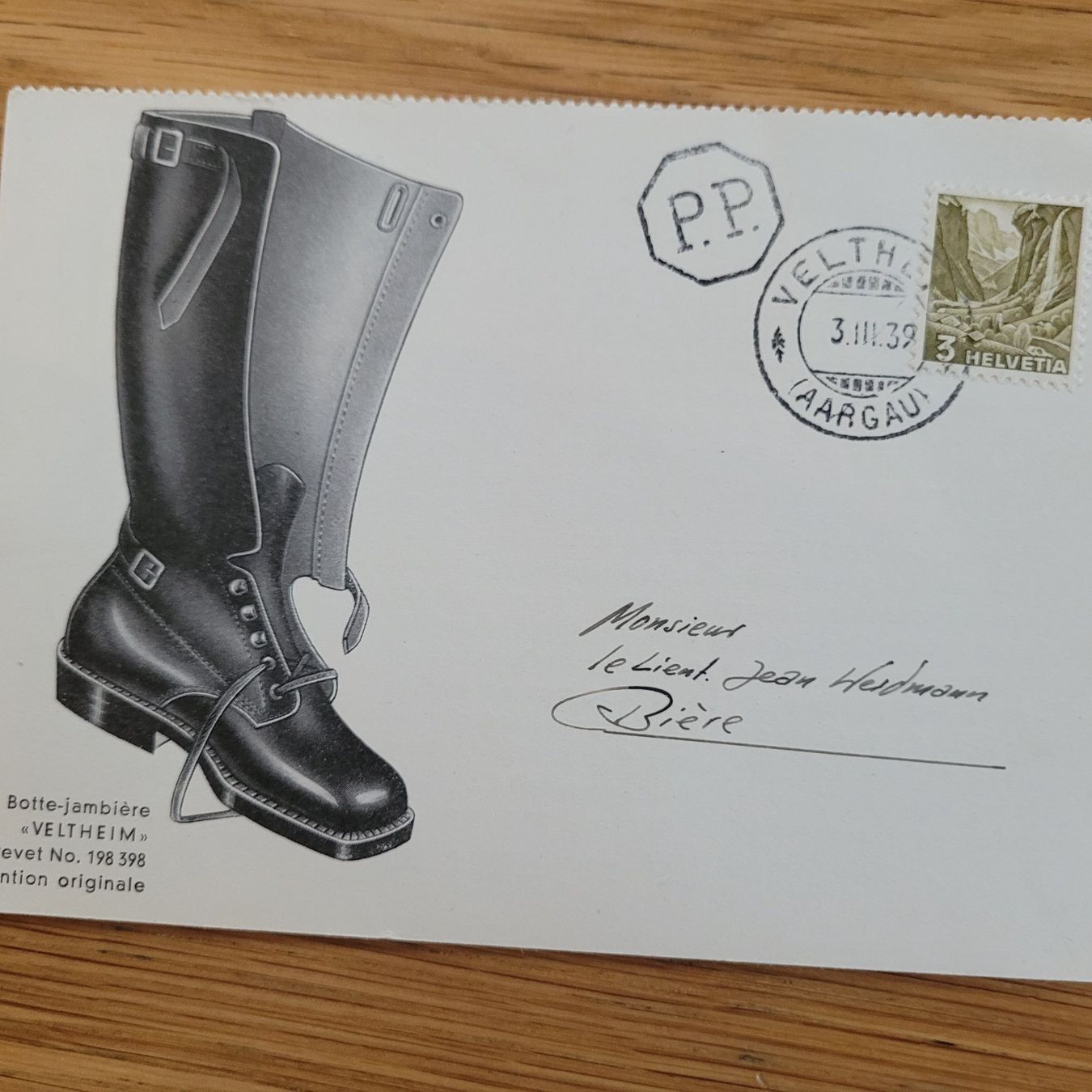 Alle Briefmarken: Document  Velthe Botte Jambière P.P Bière – Gebraucht aus Biel/Bienne von Destockweb