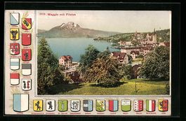 Weggis, Ortsansicht mit Pilatus, Wappen 