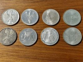 8 Stück 5 Deutsche Mark Silber Münzen (C62)