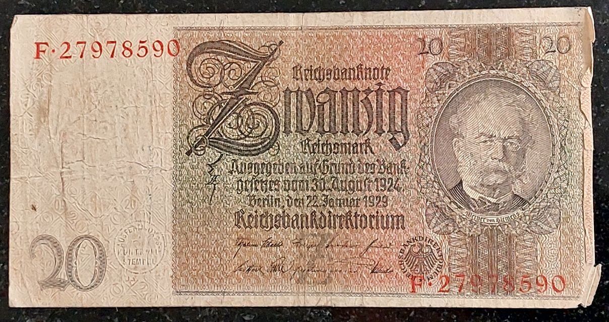 Banconote: 20 Reichsmark Banknote 1929 – Usato da Arch venduto da moneyswiss