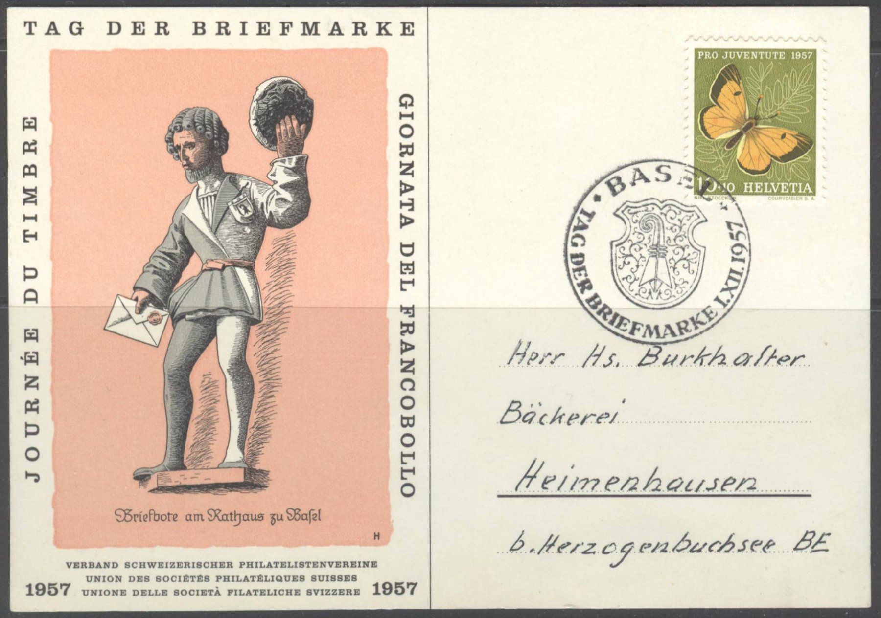 Tutti i francobolli: Tag der Briefmarke 1957 Basel, Karte – Usato da Uster venduto da giorgiotr