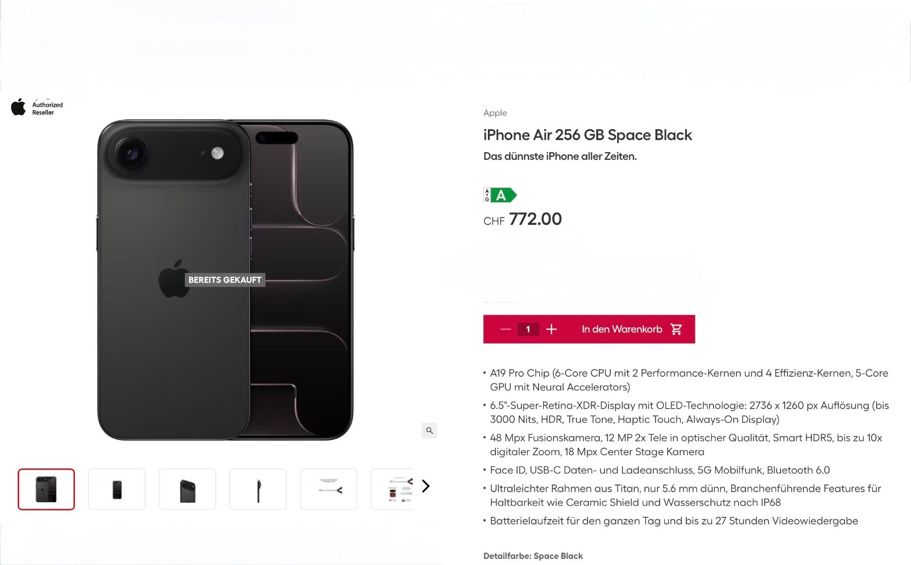 Apple Telefoni cellulari / Smartphones: Apple iPhone Air,  256 GB, Space Black – Nuovo (secondo la descrizione) da Unterlunkhofen venduto da BP5002 4