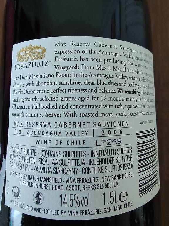 Vino: ERRAZURIZ MAX RESERVA 2006 – Nuovo e nell'imballaggio originale da chur venduto da Hmars 1