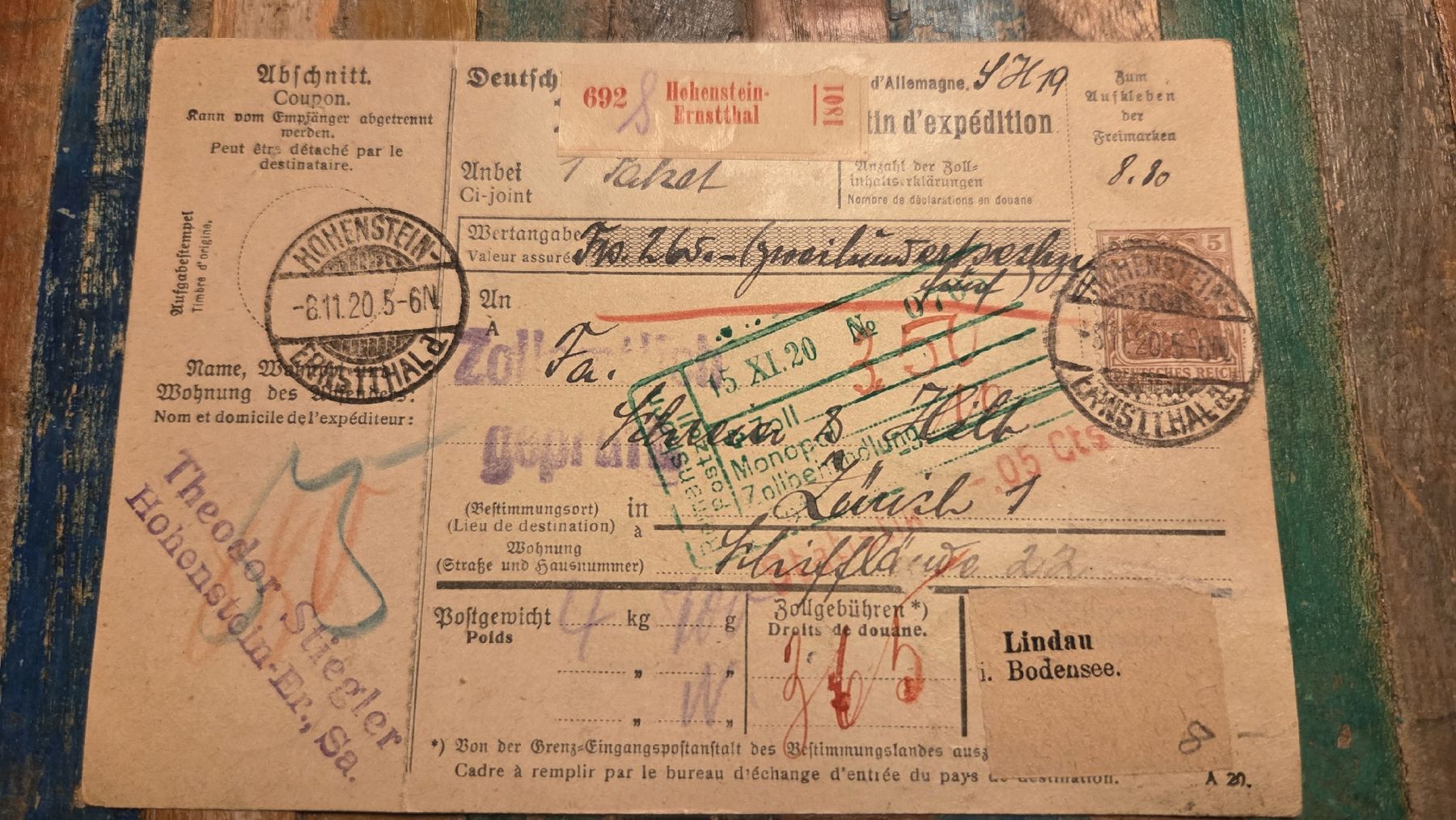 Tutti i francobolli: 1920 Paketkarte Hohenstein Ernstthal – Usato da Arni AG venduto da Moth68