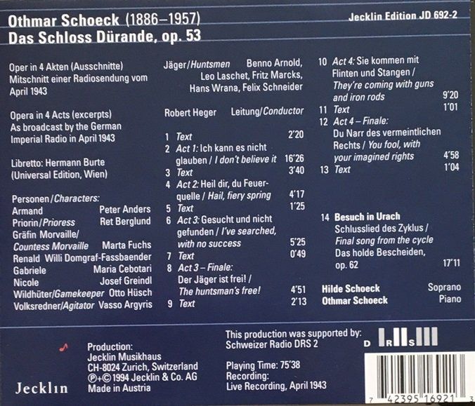CD: Othmar Schoeck - Das Schloss Dürande – Usato da Grüningen venduto da azulamarillo 1