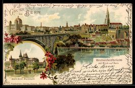 Lithographie Bern, Historisches Museum, Teilansicht mit Kirc