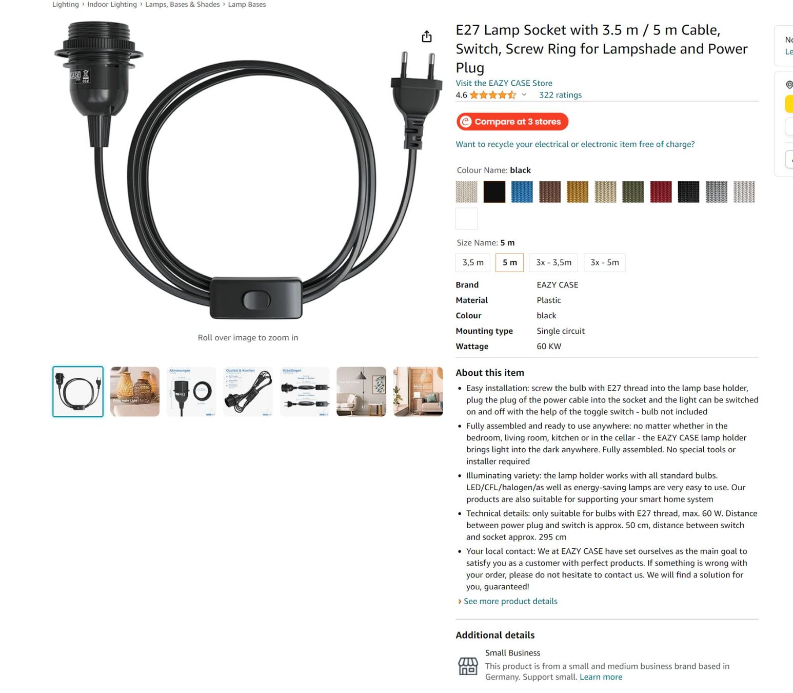 Cavi: 5 m cable with E27 socket, switch, screw ring, power plug – Nuovo e nell'imballaggio originale da Adliswil venduto da fashionholic