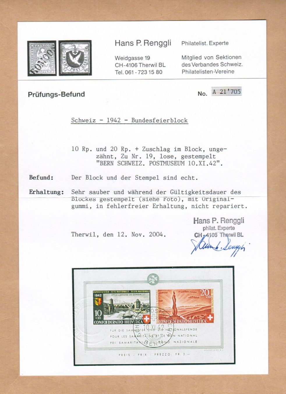 Alle Briefmarken: Patria Block 1942 gestempelt - Befund – Gebraucht aus Bern von peri02 1
