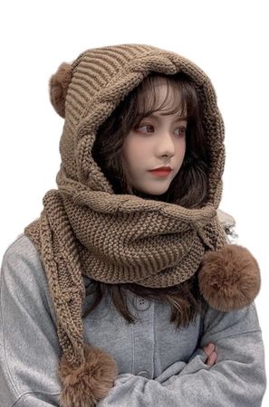 Gestrickte Mütze mit Schal und Bommeln beige neu