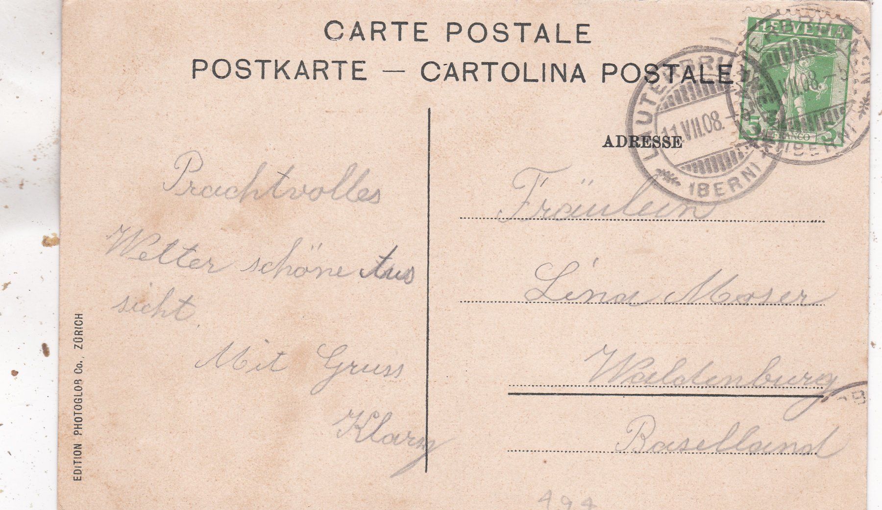 Cartoline postali: Die Jungfrau 1908 – Usato da Herisau venduto da Lisegrat2008 1