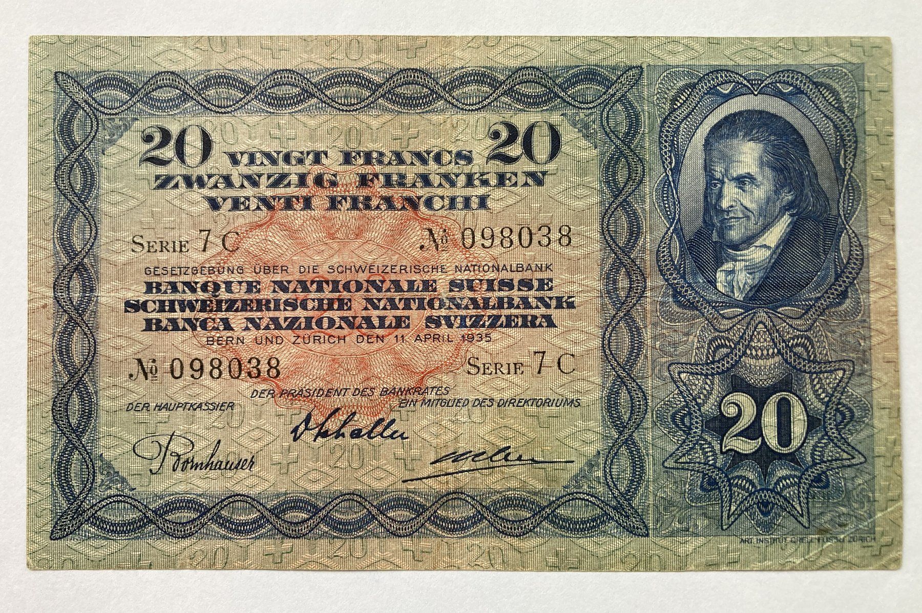 Banknoten: schöne 20 Franken-Note 1935 – Gebraucht aus Rothenhausen von peach910