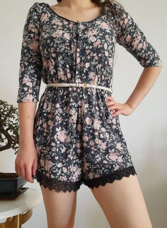 Floral print dungaries with lace details