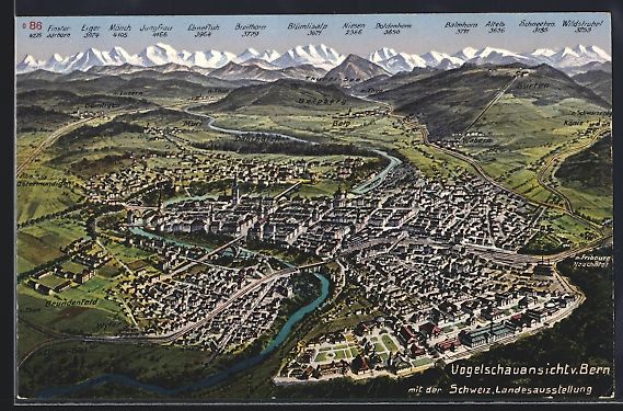 Cartoline postali: Bern, Vogelschauansicht mit der Schweiz. – Usato da Berlin venduto da bartko-reher
