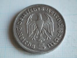 1936 A Germany 2 President Paul Von Hindenburg Silver Münze