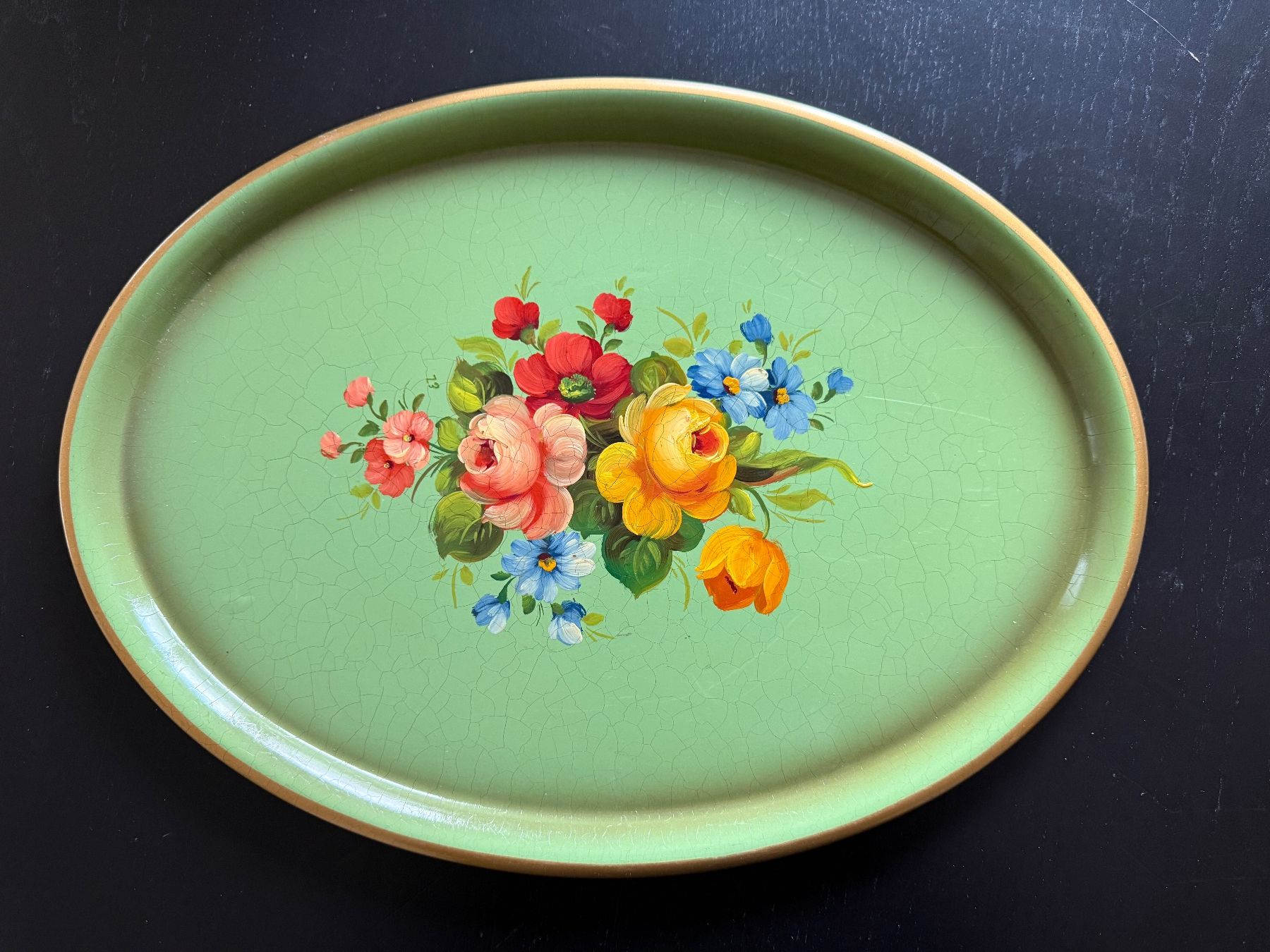 Piatti di portata: Grünes Vintage Serviertablett mit Blumenmuster, Top! – Usato da Erstfeld venduto da Uhu1980