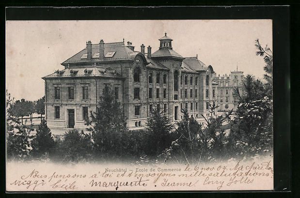 Cartoline postali: AK Neuchâtel, Ecole de Commerce, 1904 – Usato da Berlin venduto da bartko-reher
