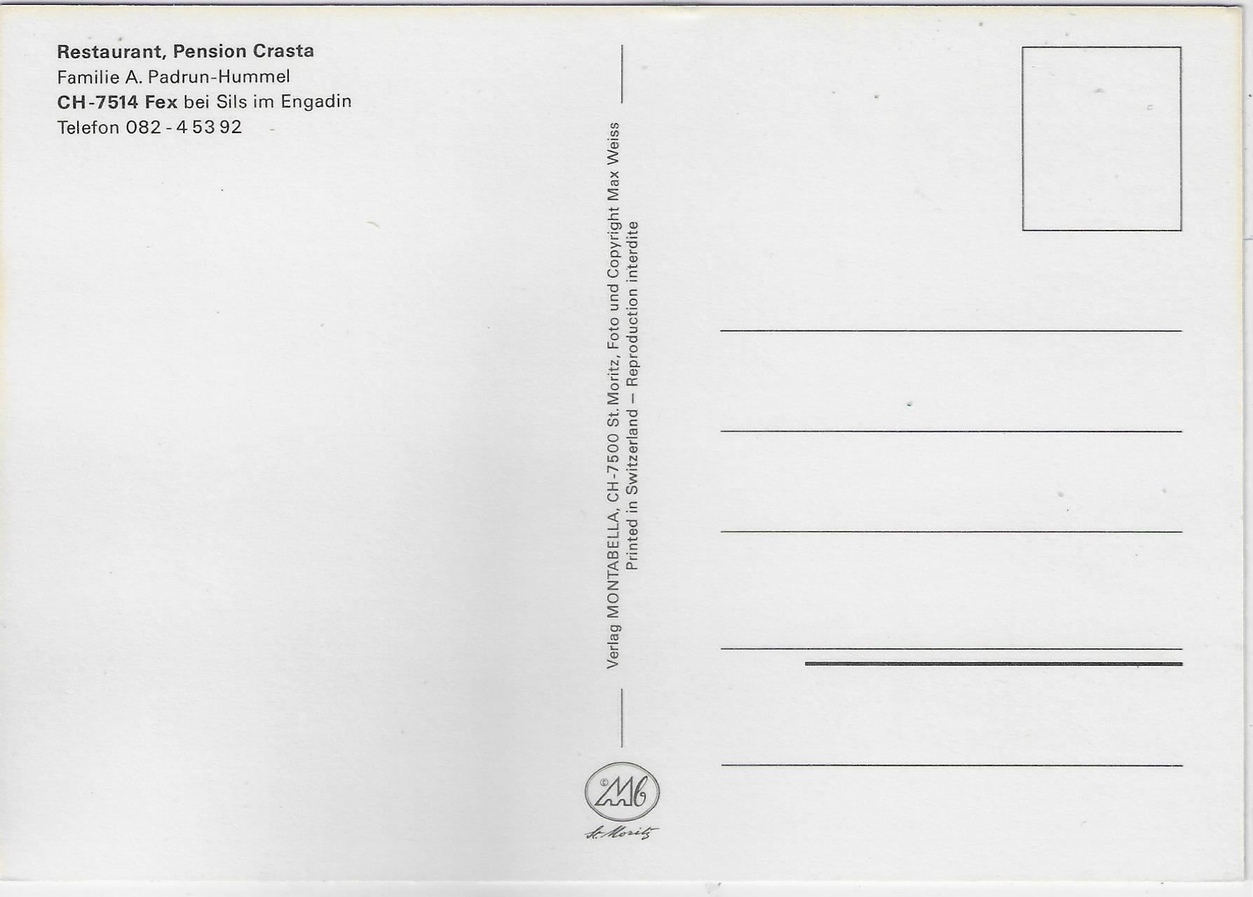 Cartoline postali: Restaurant Pension Crasta - Fex – Usato da Ettingen venduto da Kartenplanet 1