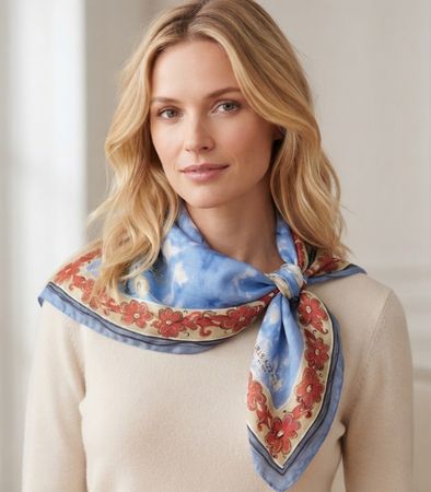 Foulard Loris Azzaro Paris en soie motif floral bleu