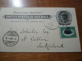 uralte Ganzsache USA 1902, Zusatzfrankatur, nach St Gallen