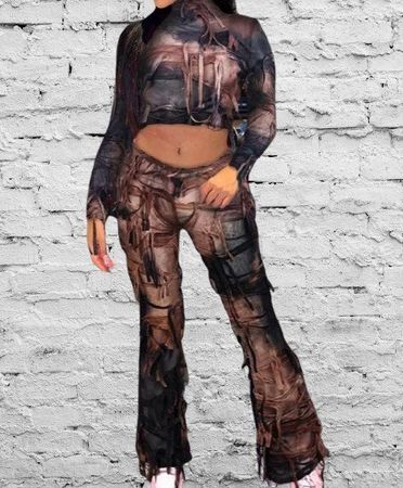 🎨Modisches Set mit abstraktem Druck & zerrissener Hose 🎨💫